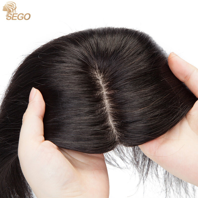 SEGO 10x12cm Base In seta 2.5x9cm Toppers per capelli 100% pezzi di capelli umani per parrucchino da donna 4 clip nelle estensioni dei capelli
