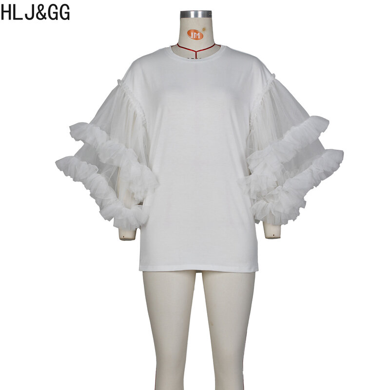 HLJ & GG 여성용 메쉬 슬리브 패치워크 셔츠, 라운드 넥 루즈 탑, 캐주얼 단색 매칭 스트리트웨어 풀오버, 패션 2023 신제품