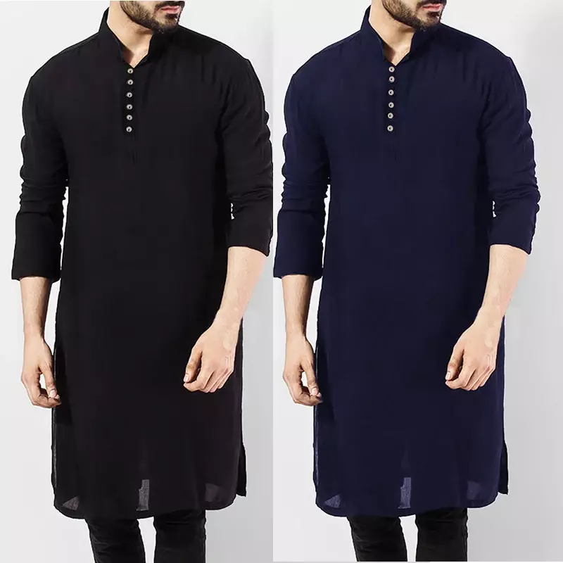 Kalenmos Muslim Kemeja Pria Kasual Katun Lengan Panjang Stand Collar Kemeja Vintage Panjang Tops India Pakaian Pakistan Ropa S-5XL