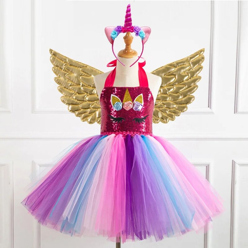 Hand Knitted Dress Girl Rainbow Tutu Dresses Christmas Birthday Prom Tulle Gown Unicorn Cosplay Costume with Wing 2 to 12Years