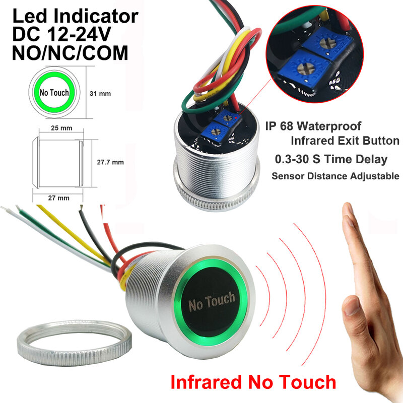 DC12V 24V IP68 Waterproof Contactless Access Control Eletronic Lock Release Switch Infrared Sensing No Touch Exit Button
