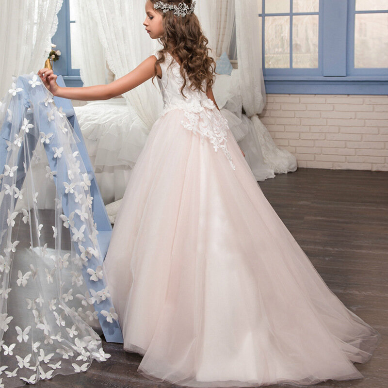 الأطفال فستان الزفاف الدانتيل اليدوية زهرة انفصال شال أداء عيد ميلاد الأميرة المعطف فستان