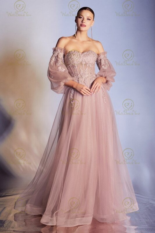 Glitter Prom Kleider 2023 Tüll Staubigen-Rose Spitze Boho Off Schulter Liebsten Ärmeln Abendkleid Party Vintage Prinzessin Formale