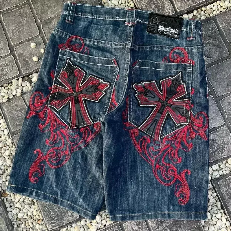 Harajuku embroidered oversized denim shorts for men 2000s new Geometric cross pattern popular hip hop high waist pants y2k baggy
