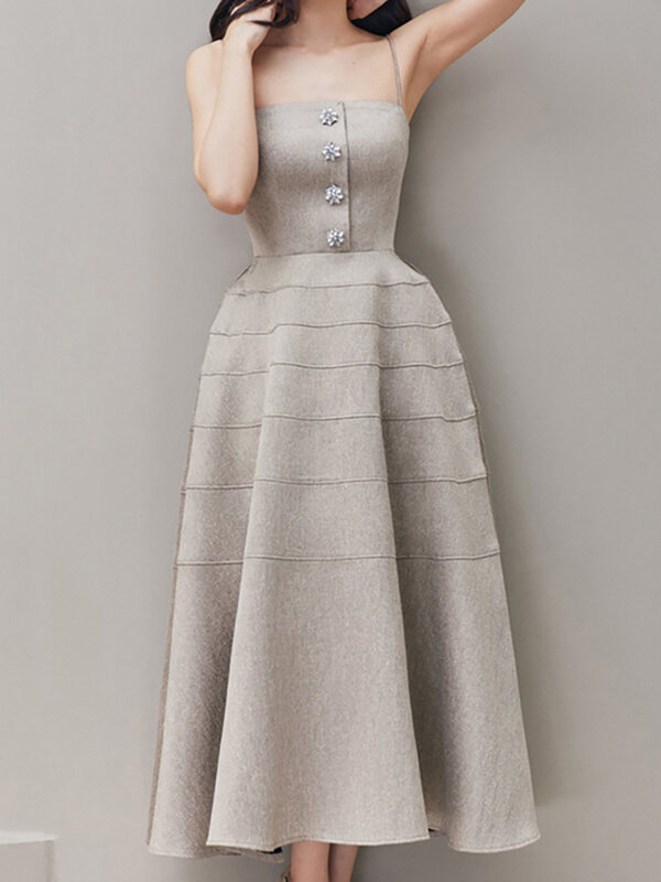 DEAT sukienka Rhinestone bez rękawów na klatkę piersiową owijaną talią suwak do połowy łydki damskie sukienki wiosnę 2024 moda 13 db1581
