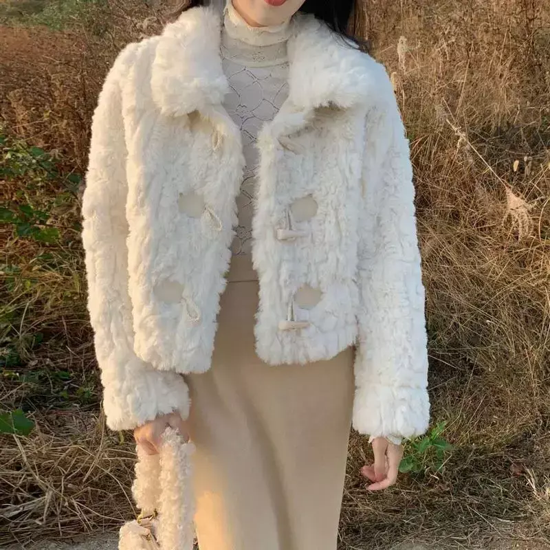 Veste en peluche en laine d'agneau pour femme, manteau en fausse fourrure, col coloré, blanc, style Harajuku, mode optique, chaud, hiver