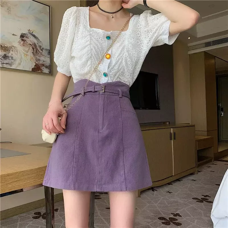 Rok Denim ungu wanita musim panas 2023 rok Mini pinggang tinggi elegan dengan ikat pinggang rok A-line rok jeans Solid wanita