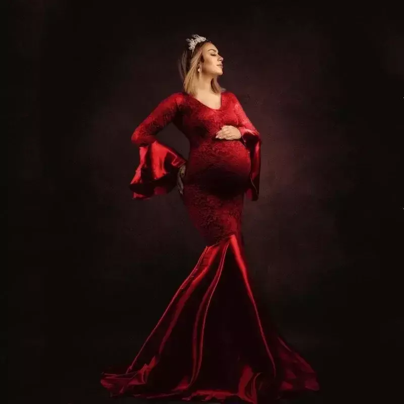 Koronkowa sukienka ciążowa fotografia rekwizyty sukienki sesja zdjęciowa syrenka Maxi suknia kobiety w ciąży ubrania z długim rękawem nowość