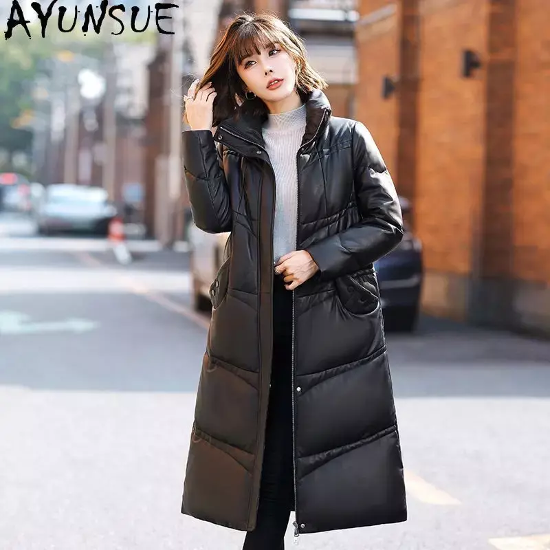 AYUNSUE-Jaqueta de couro real feminina, casacos longos, colarinho em pé, moda casual, casaco de pele de carneiro genuíno, inverno, 2023