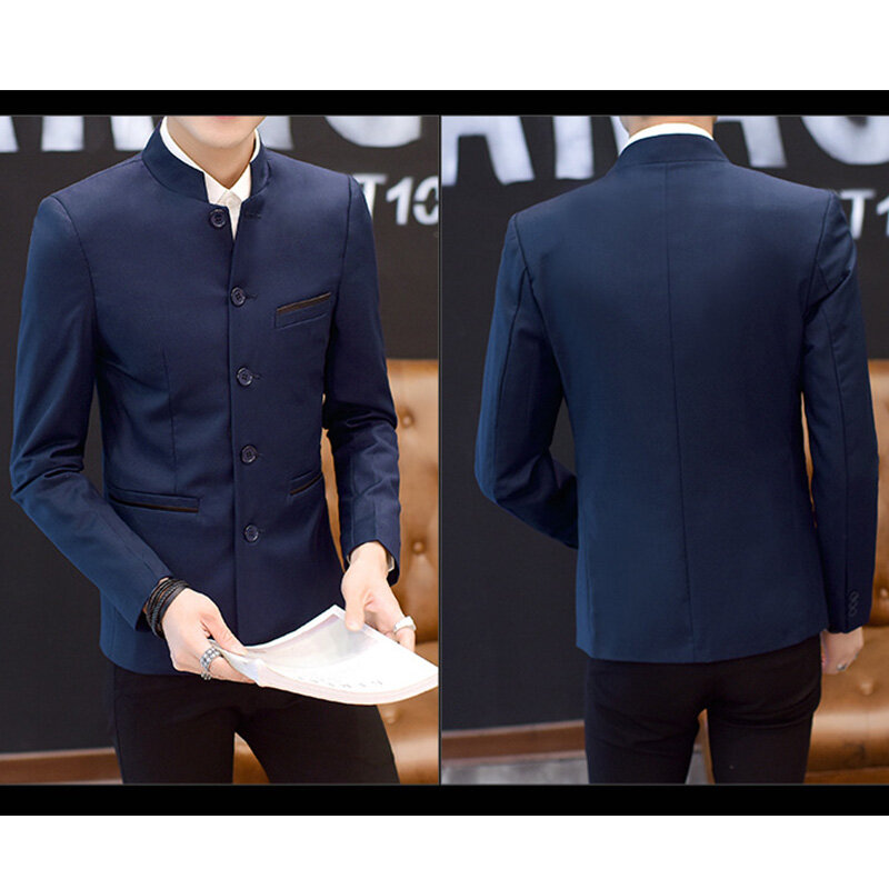 Mandarin jaket blazer gaya Tiongkok, Blazer kasual berkancing sebaris baru 2022 warna hitam