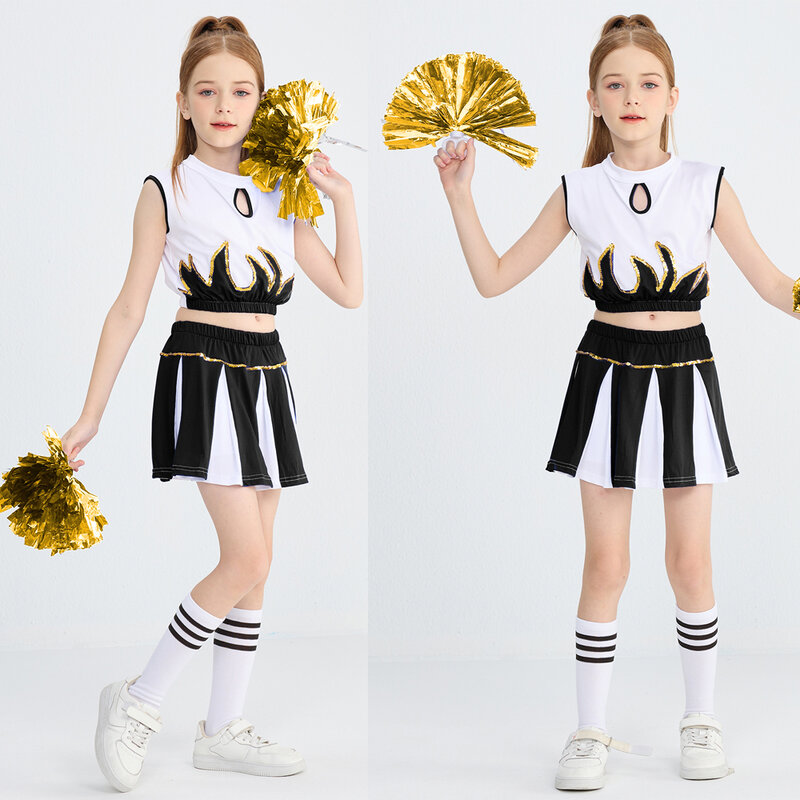 LOlanta Set kostum Cheerleader anak perempuan, pakaian rok lipit dengan kaus kaki Pom, seragam aktivitas sekolah anak 4-14 tahun