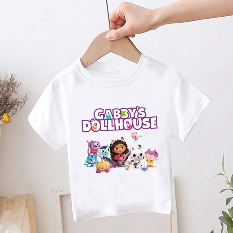 Gorąca wyprzedaż słodkie Gabbys domek dla lalek z nadrukiem koszulka dla dzieci Kawaii ubrania dla dzieci 2023 letnie koszulki dla dziewczynek z kreskówek