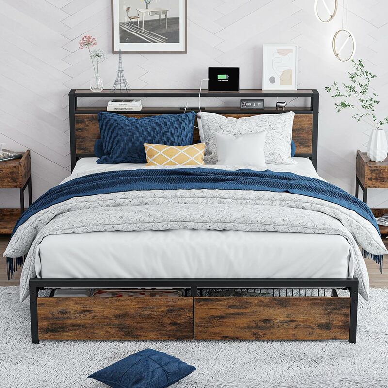 Full Size Bed Frame with Storage Drawers, Platform Bed with Headboard and Charging Station, Vintage Brown