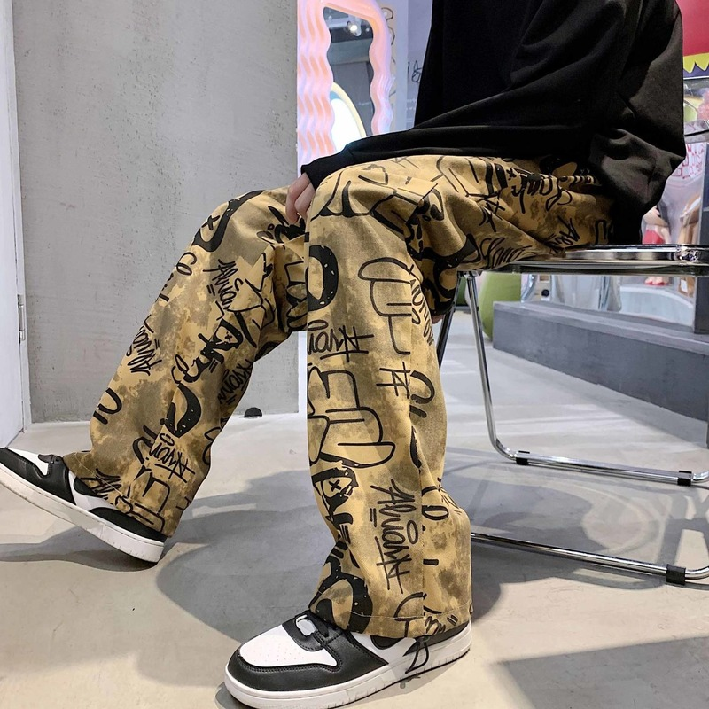 Ruffian handsome print casual pants men High-quality fried street pants men trendy brand ins version of the trend loose straight