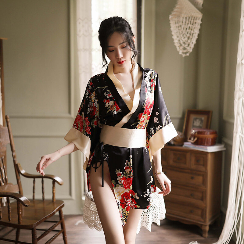Kimono de Geisha para mujer, traje de pasión, pijama Sexy, vestido de verano y otoño, albornoz tradicional, Kimono con cinturón Vintage