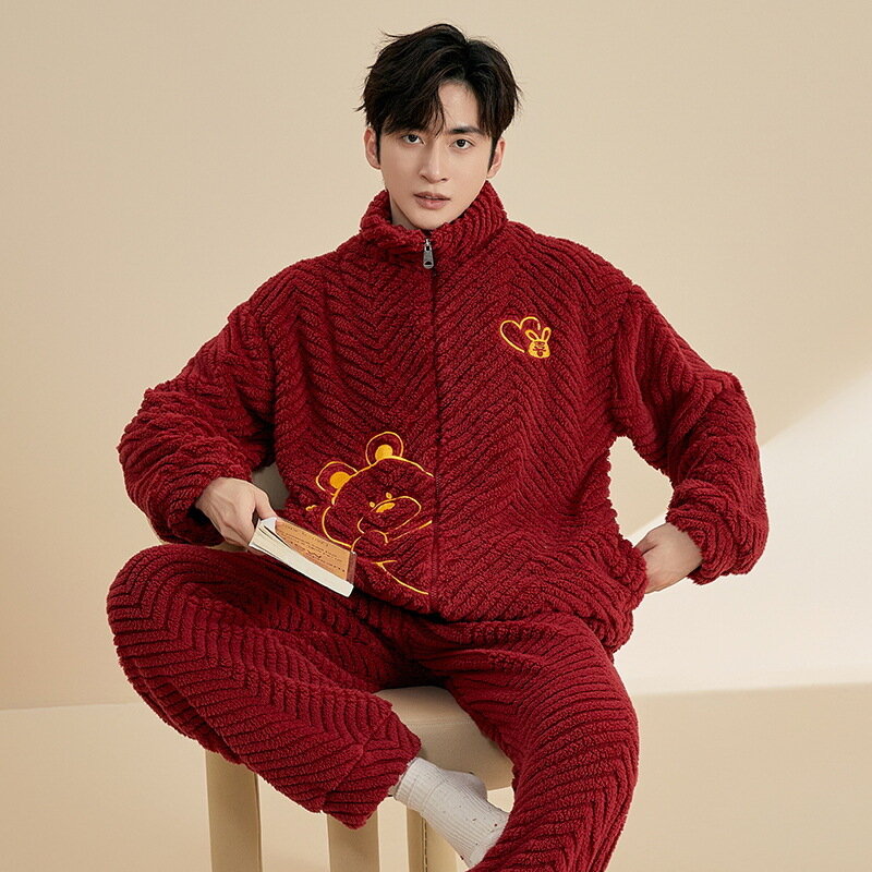 Autumn Winter Men's Flannel Pajamas Stand Up Collar Coral Velvet Warm Cardigan Large Size Casual Home Clothing Set