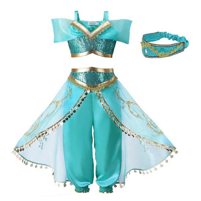 Jasmine Costume For Girls Aladdin Princess Magic Lamp Top Pants Set Carnival Clothes Vestidos Birthday Party Cosplay Costume 12T