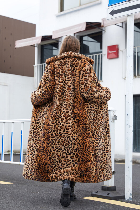 Женское длинное пальто из искусственного меха, с леопардовым принтом, из кроличьего меха, размеры до 5XL