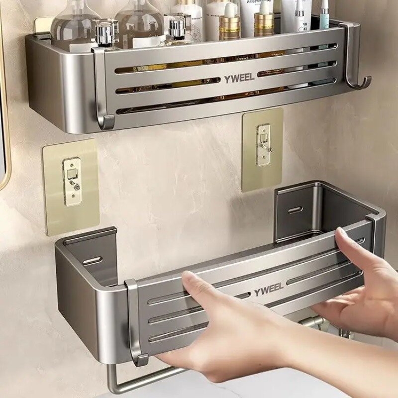 Estantes de baño de aluminio, estante de toalla de pared montado, carrito de ducha sin perforación, organizador de ducha, accesorios de almacenamiento de baño
