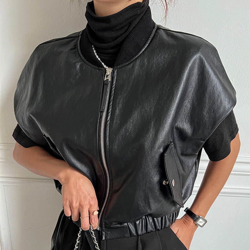 Getspring-jaqueta com zíper sem mangas das mulheres, jaqueta de couro pu preto, estilo retro, combinar tudo, solto, casual, moda, outono, 2022