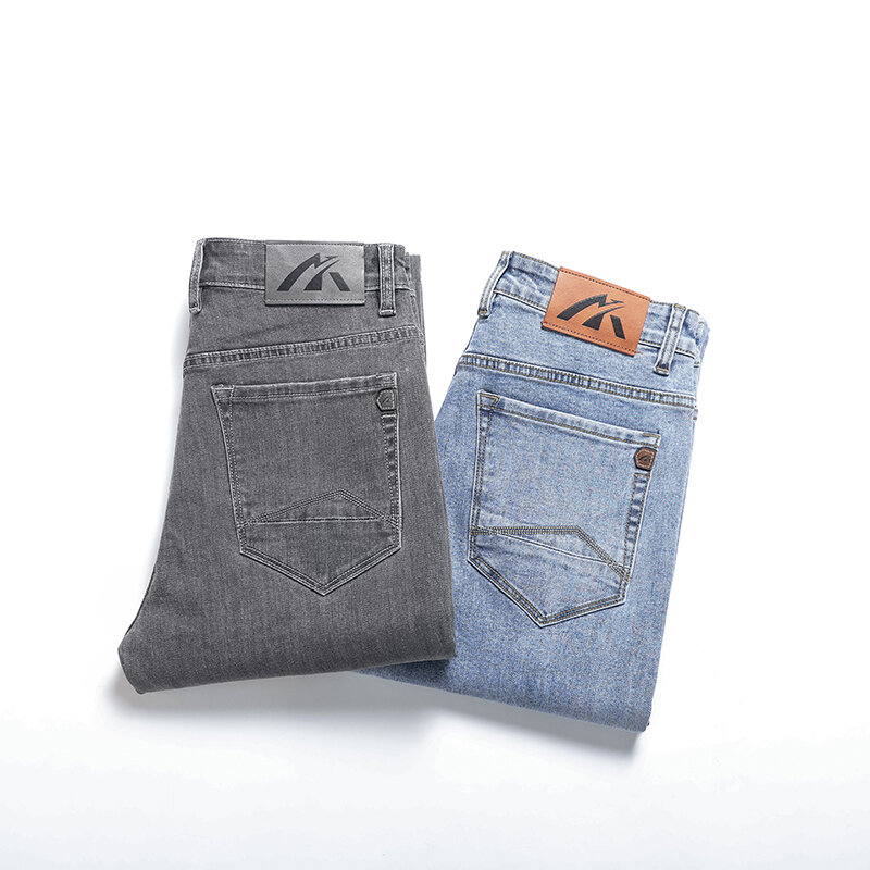 Estate autunno nuovissimi Jeans elasticizzati dritti in cotone sottile da uomo tasca classica pantaloni leggeri blu chiaro da uomo