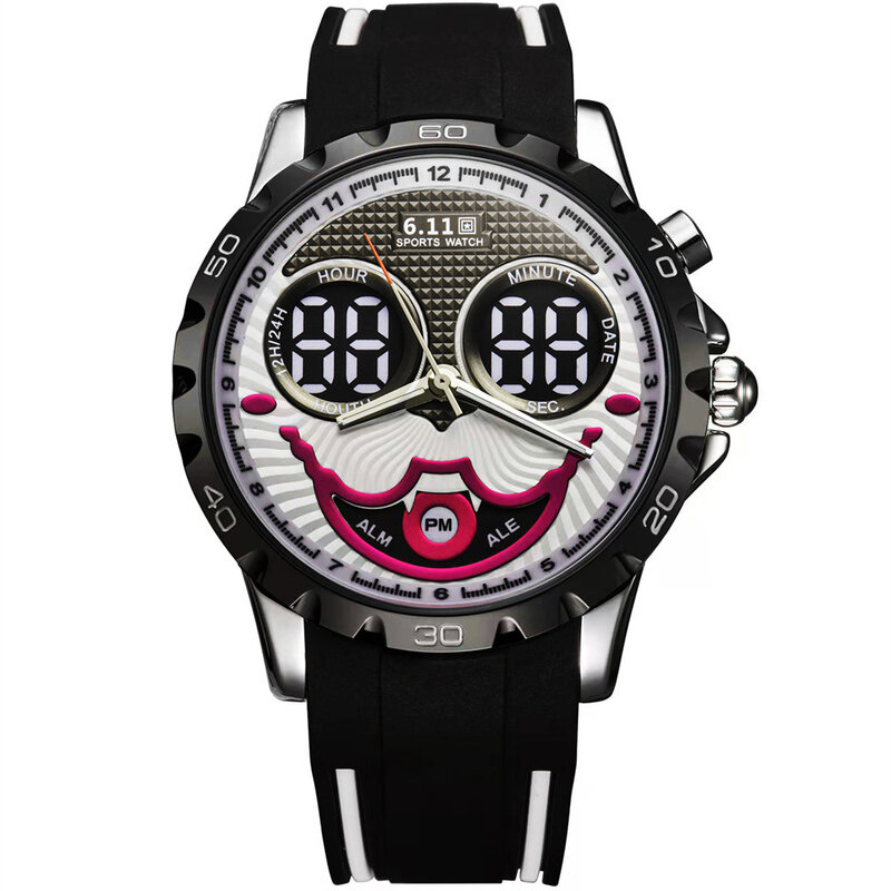 New Cool Joker Digital Watch for Men Waterproof Electronic LED Blue Light Dual Display Watches Clown Dial Mens Sports Watch Gift