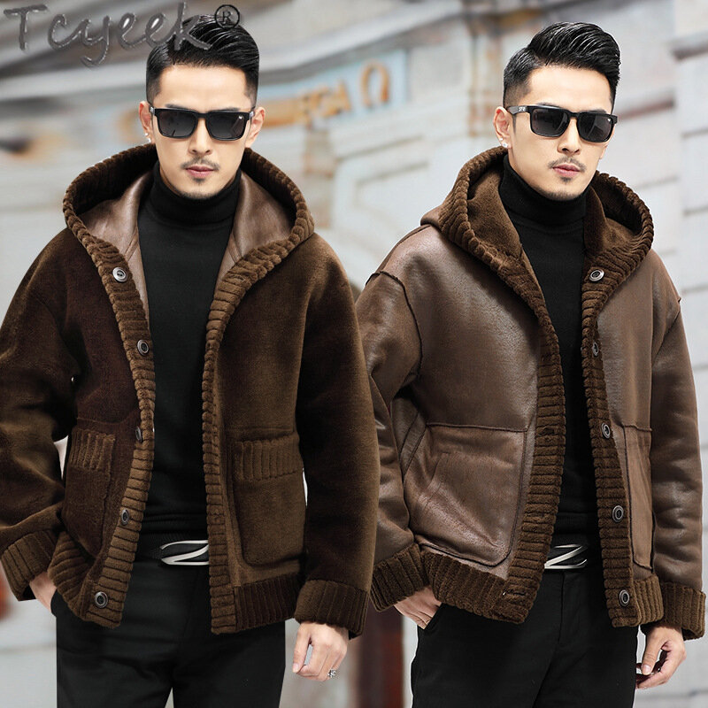 Tcyeek-Casacos masculinos de corte de ovelha 100% lã, streetwear curto, roupas da moda, inverno
