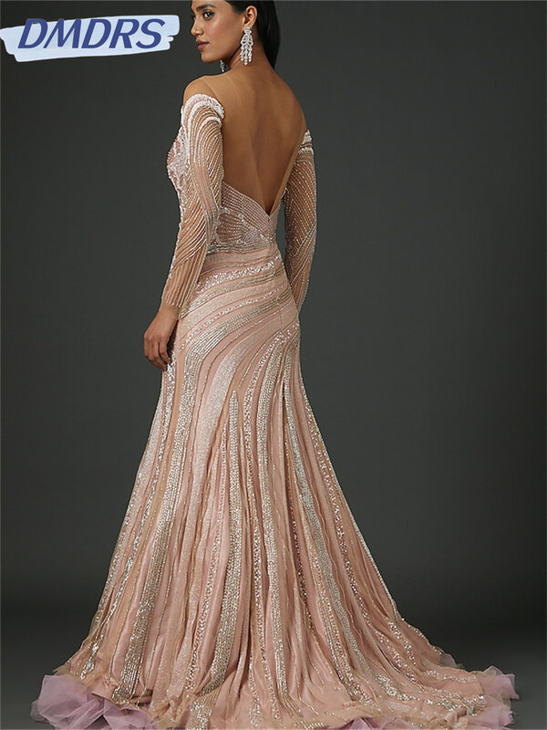 Elegantes langärmliges rücken freies A-Linien-Ballkleid 2024 sexy Tüll-Abendkleider charmantes boden langes Kleid vestidos de novia