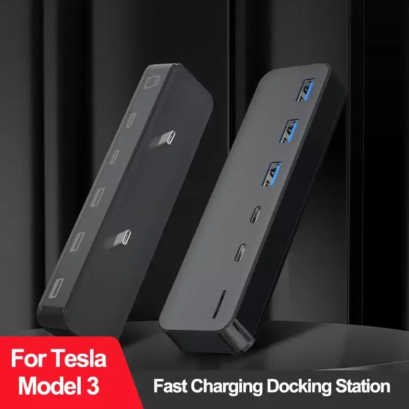27W Docking Station for Tesla Model 3 Y USB Hub Intelligent Fast Charging 6 in 2 Type-C Micro SD Fast Charge Car Accessories