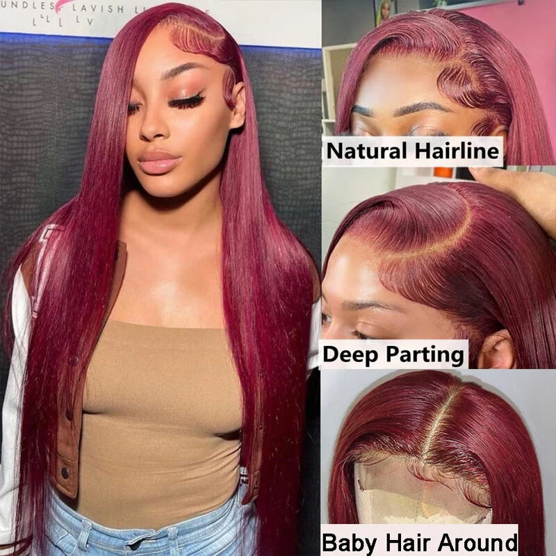 99J Red Lace Front Human Hair Wigs Colored Straight Burgundy 13X6 Transparent Lace Frontal Closure Wig Glueless Wigs for Women