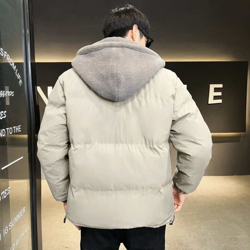 2023 New Winter False Two Piece Knitted Spliced Puffer Jacket Polar Fleece Cotton Hooded Coats Korean Fashion Couple Top for Men