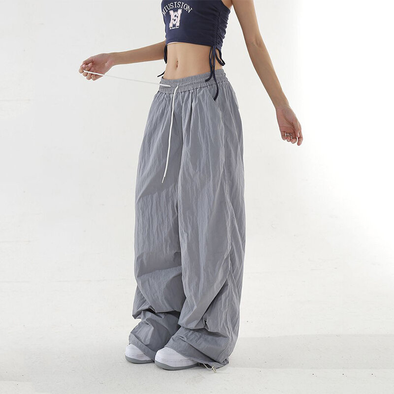 Spicy Girl-pantalones de trabajo de pierna ancha para mujer, pantalón informal de secado rápido, liso, de cintura alta, con Bolsillos y cordón, holgado y recto, de verano