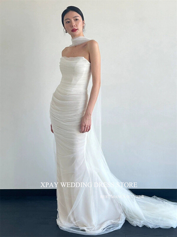 XPAY gaun pernikahan Korea putri duyung tanpa tali syal Tulle lembut pemotretan gaun pengantin panjang lantai buatan khusus elegan
