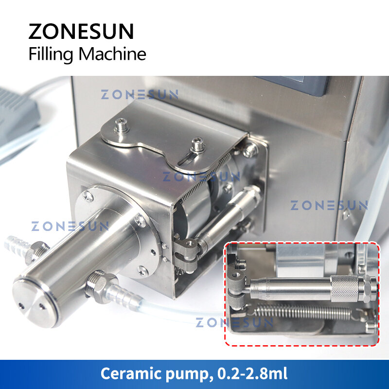 ZONESUN ZS-DTCP1 Mesin Pengisi Cairan Botol Otomatis dengan Sabuk Konveyor 0.2-5Ml Pengisi Botol Pompa Keramik Tetes Mata Reagen
