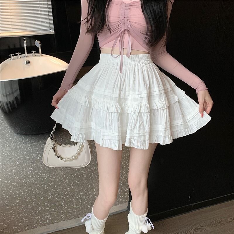 Deeptown-minifaldas plisadas con volantes para mujer, Falda corta informal de color blanco, Cutecore estilo coreano, color negro