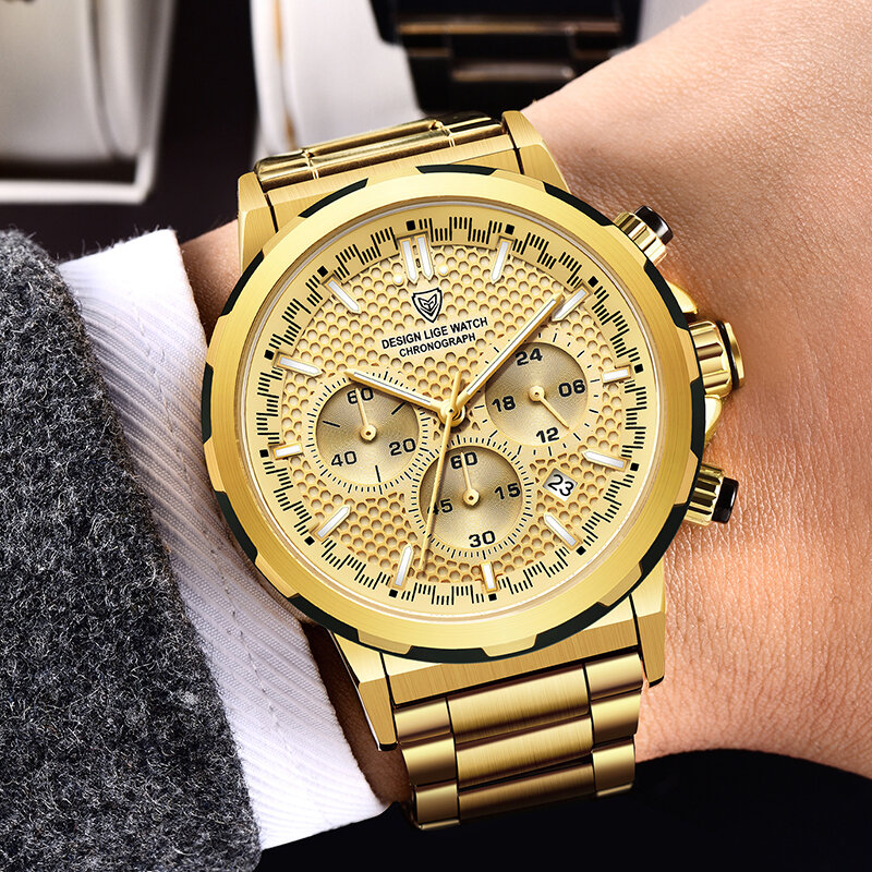 LIGE jam tangan pria, merek terkenal jam tangan mewah baja penuh jam kuarsa olahraga tahan air jam besar