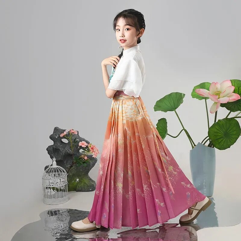 Новинка 2024, костюм с юбкой с окошком для девочек, весна-осень, улучшенная танцевальная одежда Hanfu для крупных детей в национальном стиле