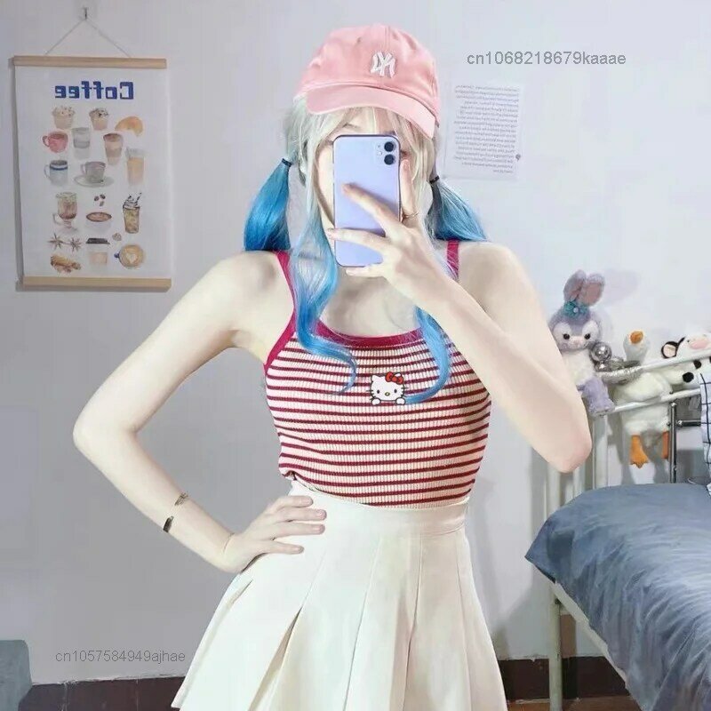 Sanrio Hello Kitty 2022ฤดูร้อนใหม่น่ารัก Stripe Vest ผู้หญิงคุณภาพสูงด้านบน Y2k Suspenders หญิงความงามเสื้อผ้า