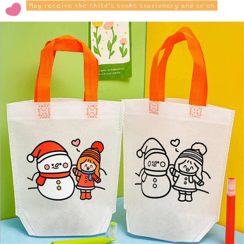 Cartoon Christmas Doodle Tote Bag Diy Coloring Painting Bag Students Party Gift Bag For Kids Toy Storage Bag Christmas Gift Bags