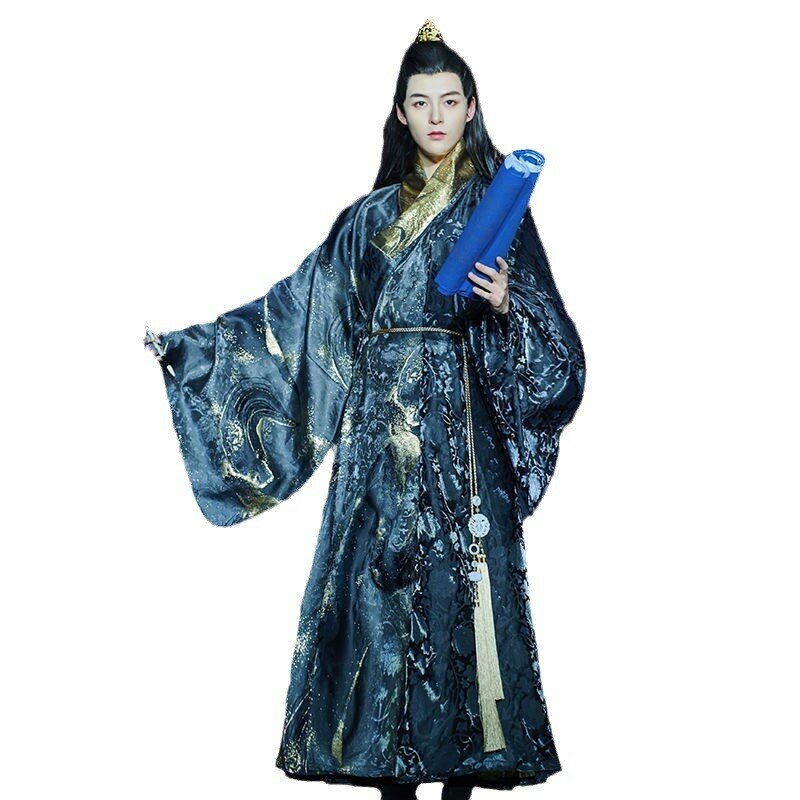 Yunling Hanfu ชุดกระโปรงผ้าทอสีทองแบบสาดน้ำหมึกสำหรับผู้ชายแกว่งด้านในโบว์สีดำ