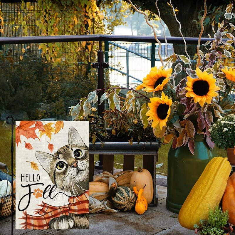 Thanksgiving Fall Cat Garden Flag Colorful Hello Fall Maple Leaves Cat Portrait for Yard and Garden