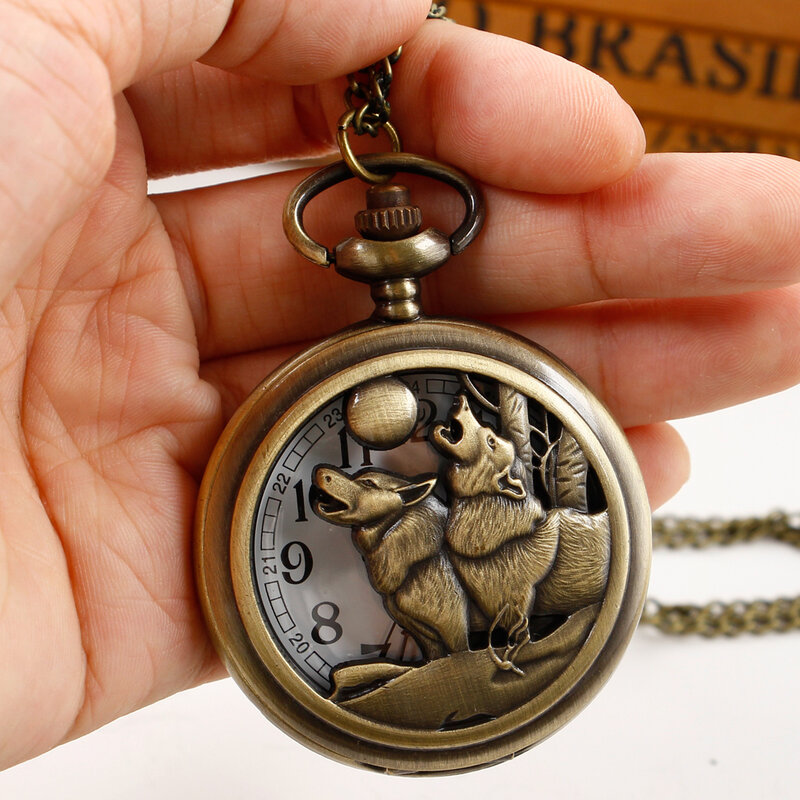멋진 늑대 조각 할로우 쿼츠 포켓 시계, 남성 여성 맞춤형 빈티지 목걸이 펜던트 선물 체인