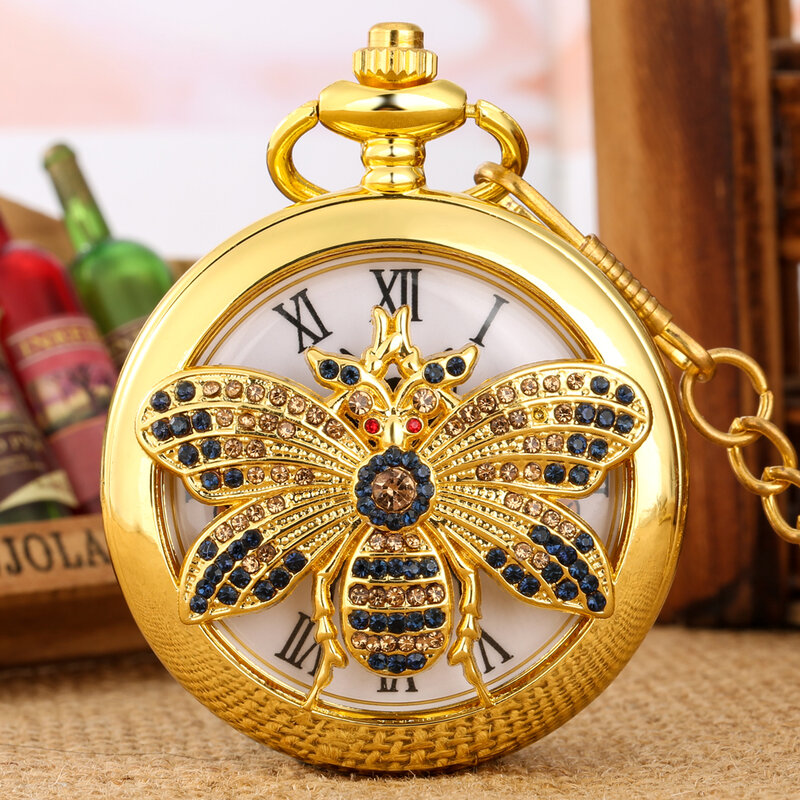 Reloj de bolsillo de cuarzo con incrustaciones de diamantes dorados, accesorio de lujo con abeja incrustada en diamantes, collar encantador, suéter, cadena colgante, reloj de insectos de abeja