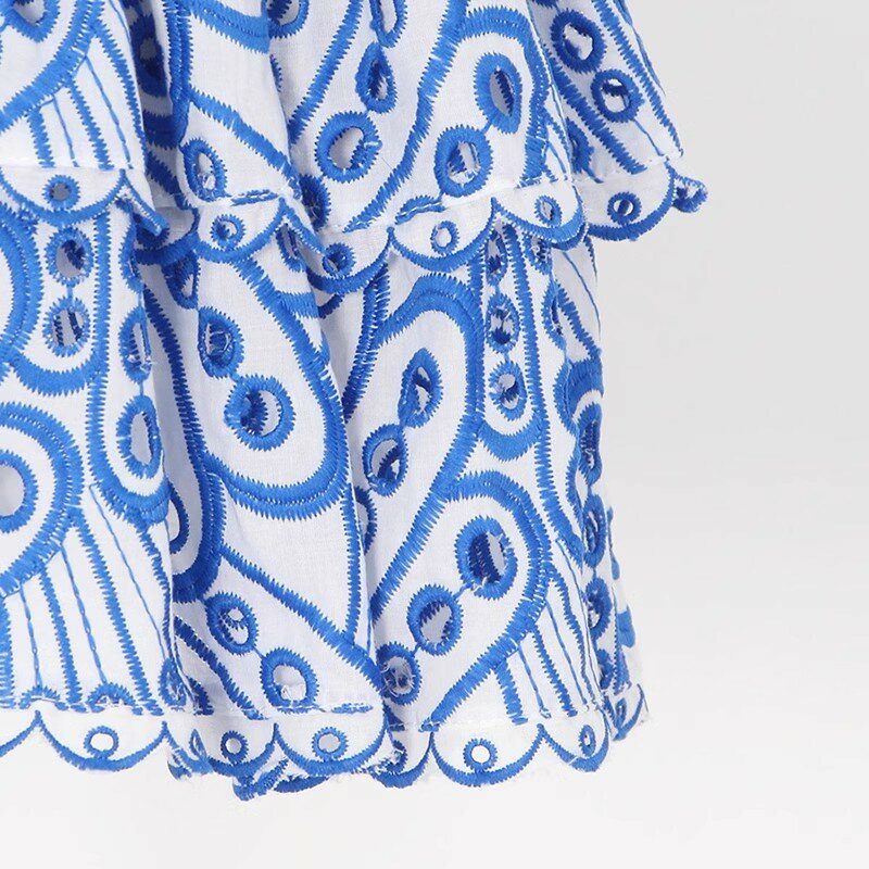 Robe en dentelle bleue élégante pour femmes, sans bretelles, évidée, mini robes vintage, batterie con fibre, vacances d'été, 2023