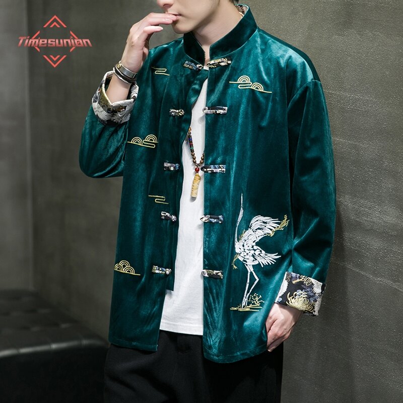 Wiosenne i jesienne kurtki dla mężczyzn jedwabny aksamitny haft Retro Disc klamra kurtki męskie strój Tang Hanfu tradycyjne ubrania