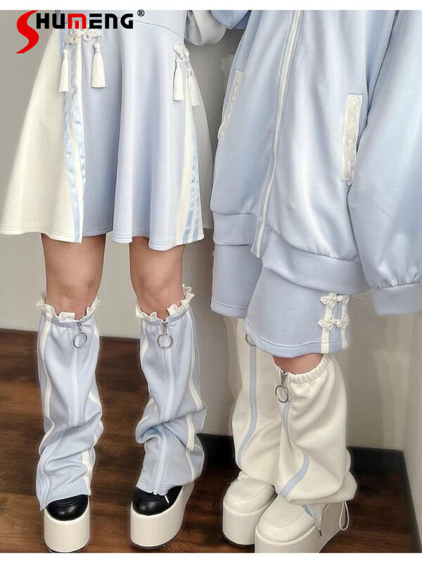 JK Jepang Harajuku warna air biru setengah betis kaki hangat wanita 2023 musim gugur baru lucu manis putih tambang kaus kaki lebar untuk wanita
