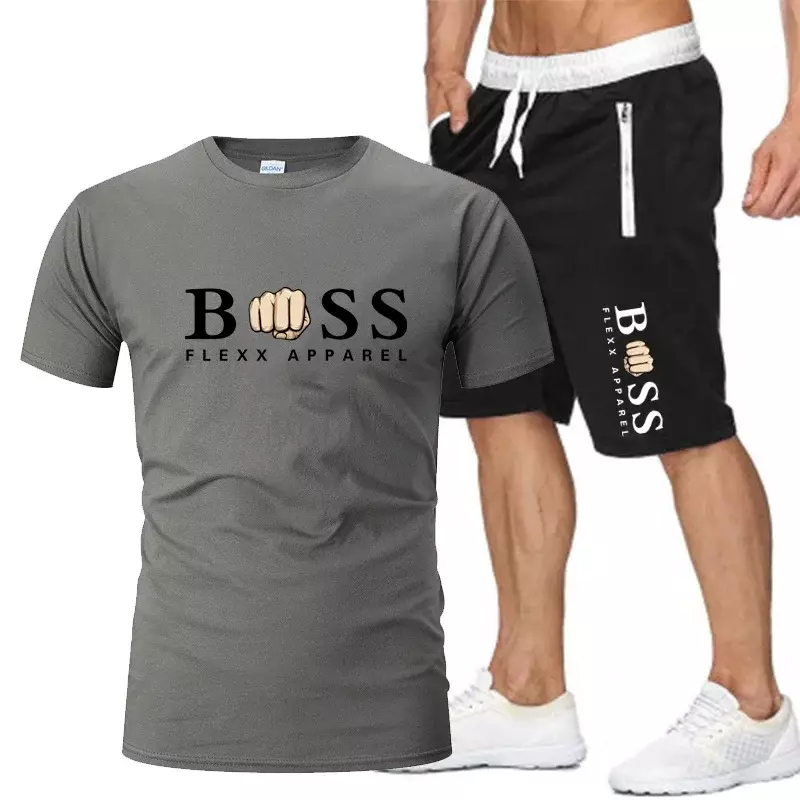 2024 Fashion Print New Sports Men's Pure Cotton Round Neck T-shirt Summer Breathable Sports Casual Shorts Two Piece Set