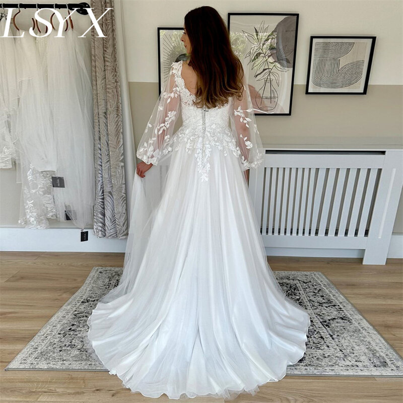 LSYX Fairy gaun pernikahan lengan Puff panjang kerah v gaun pernikahan putih applique A-Line Tulle kancing belakang gaun pengantin kereta gaun pengantin buatan khusus