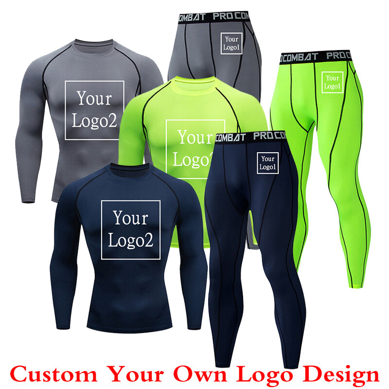 Kustom Logo pakaian untuk pria panjang ditetapkan lapisan dasar olahraga kebugaran legging ketat kaus