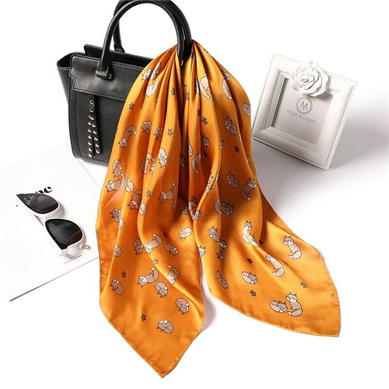 Bufanda de seda con estampado de zorro para mujer, bufandas de alta calidad para el cuello, Foulard, diadema, pañuelo de mano, 2022